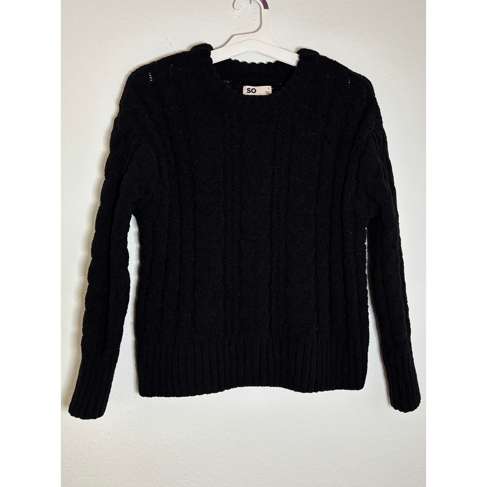 SO Goods For Life Womens Black Cable Knit Sweater Crew Neck Size Small